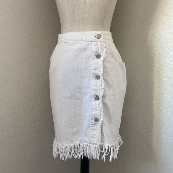 White Button-Front Frayed Hem Denim Mini Skirt By Anthropologie Minimalist S - Picture 3 of 8